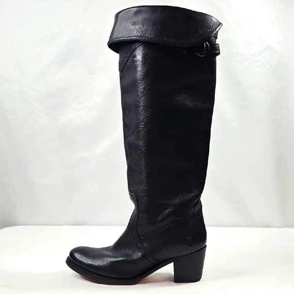 Frye Womens Black Leather Tall Cuff Jane Block Heel Boots 77595 Size 8.5 - Picture 1 of 10